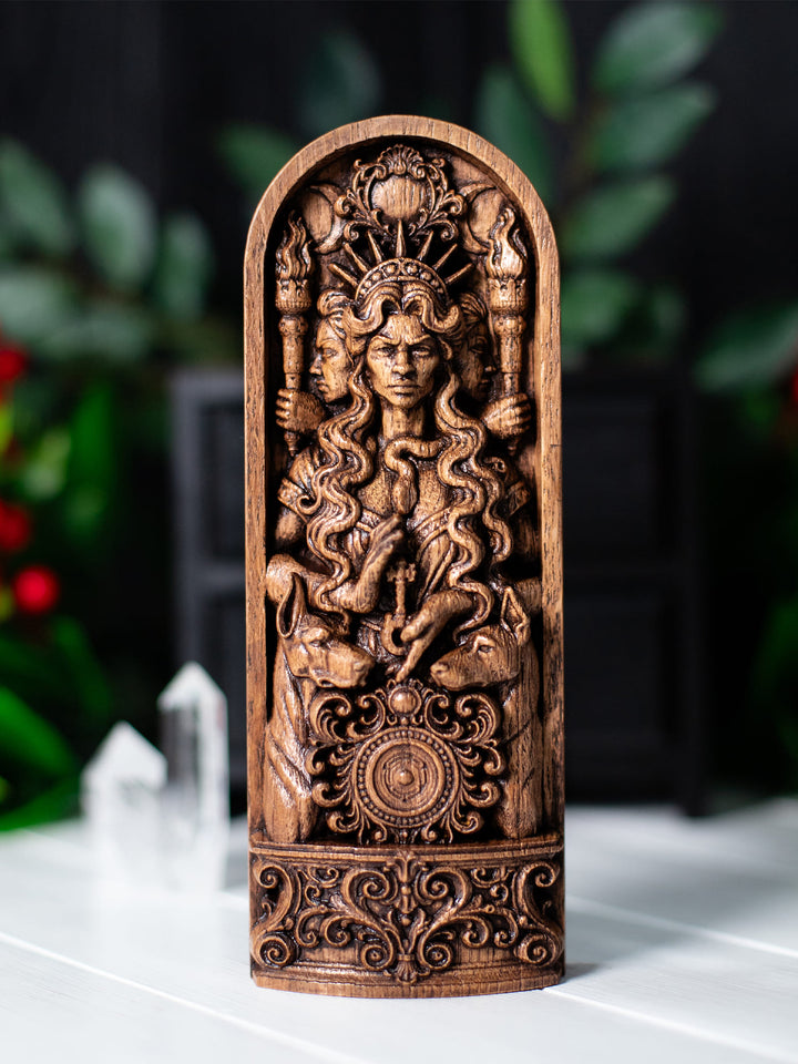 Handmade wooden Hecate goddess bust with antique patina for Hellenic polytheism, occult altar, and whimsigoth decor.