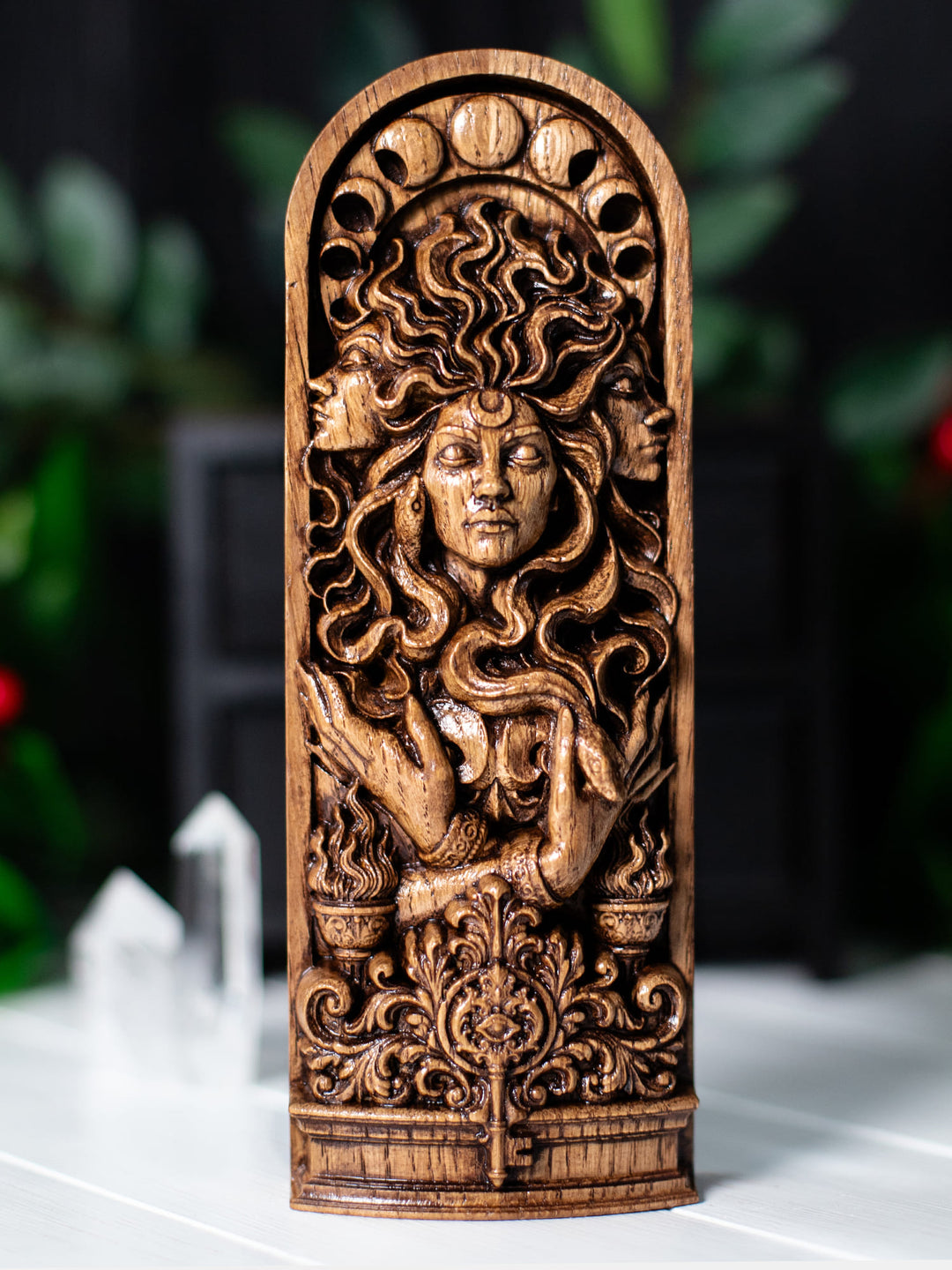 Handmade oak wood Hekate bust statue with antique patina for Wicca, shadow work, occult decor, and dark feminine altar.