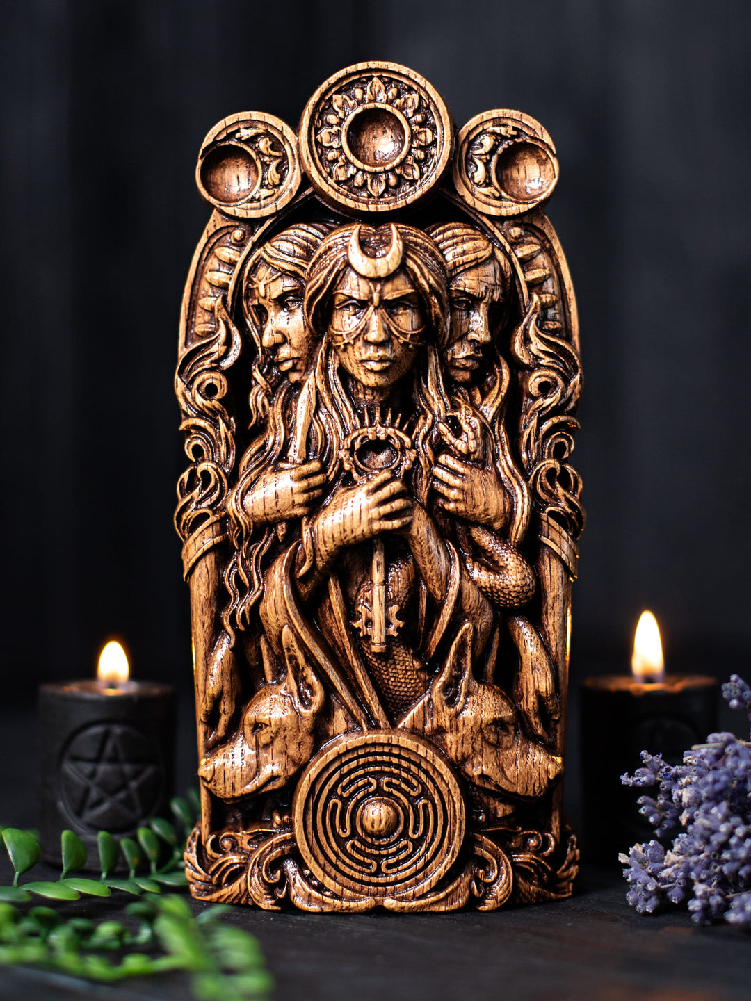 Hekate Wooden Bust: Tri-Form Goddess of Magic