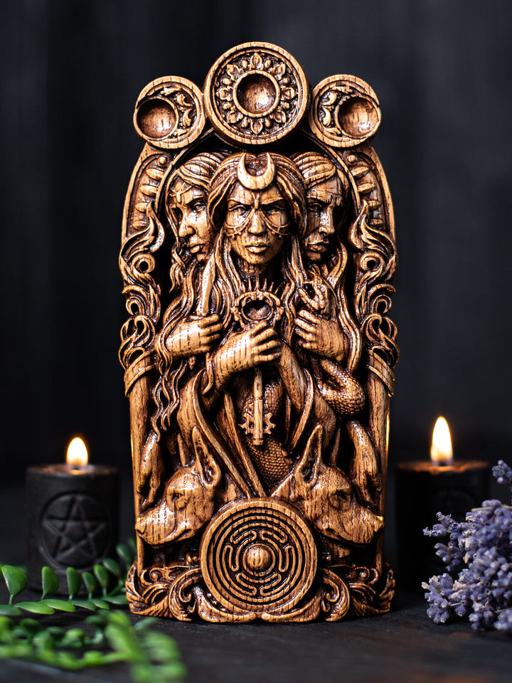 Hekate Wooden Bust: Tri-Form Goddess of Magic