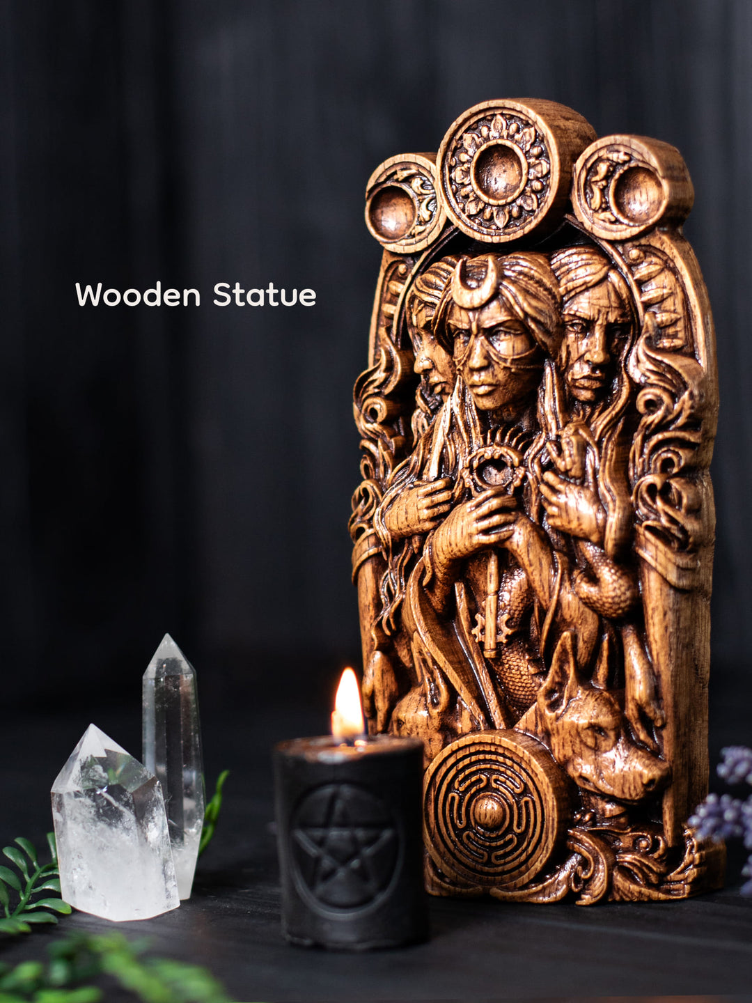 Hekate Wooden Bust: Tri-Form Goddess of Magic