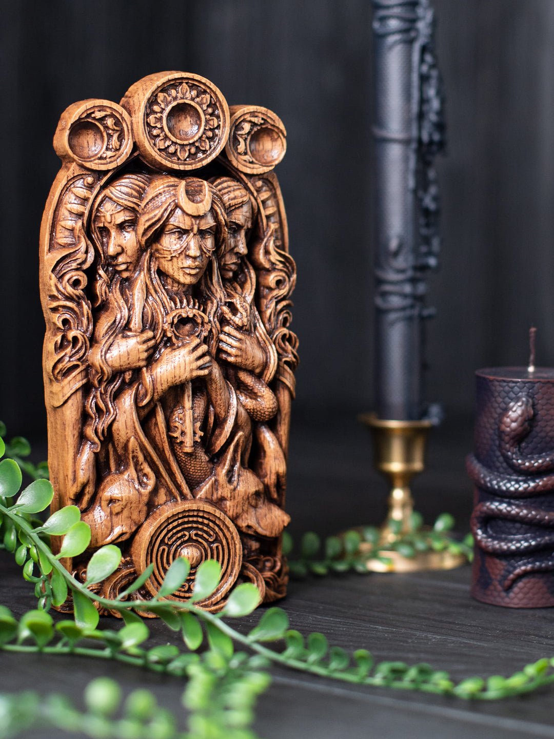 Hekate Wooden Bust: Tri-Form Goddess of Magic