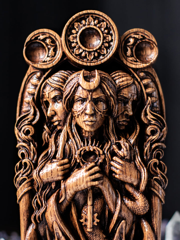 Hekate Wooden Bust: Tri-Form Goddess of Magic