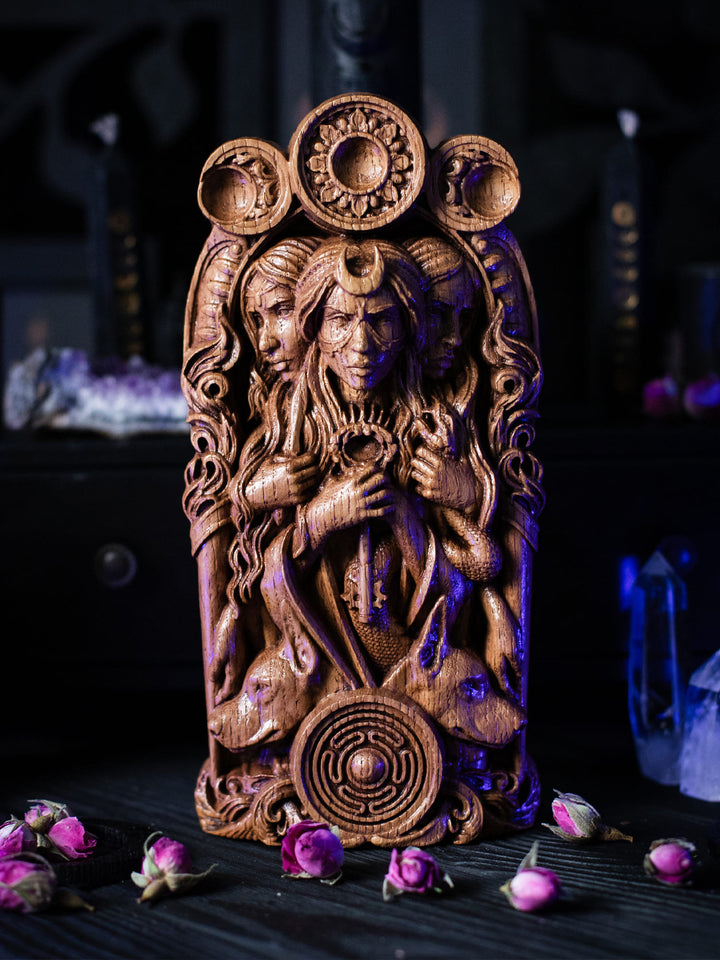 Hekate Wooden Bust: Tri-Form Goddess of Magic