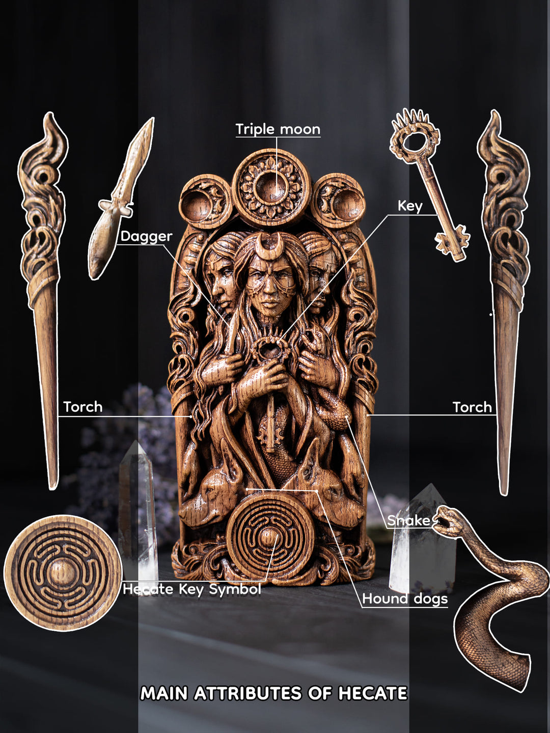 Hekate Wooden Bust: Tri-Form Goddess of Magic