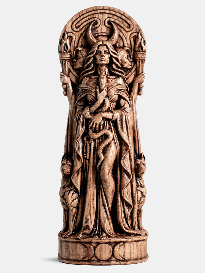 Hekate statue wooden wall hanging inspired by witchcraft, Triple Goddess symbolism and Greek mythology