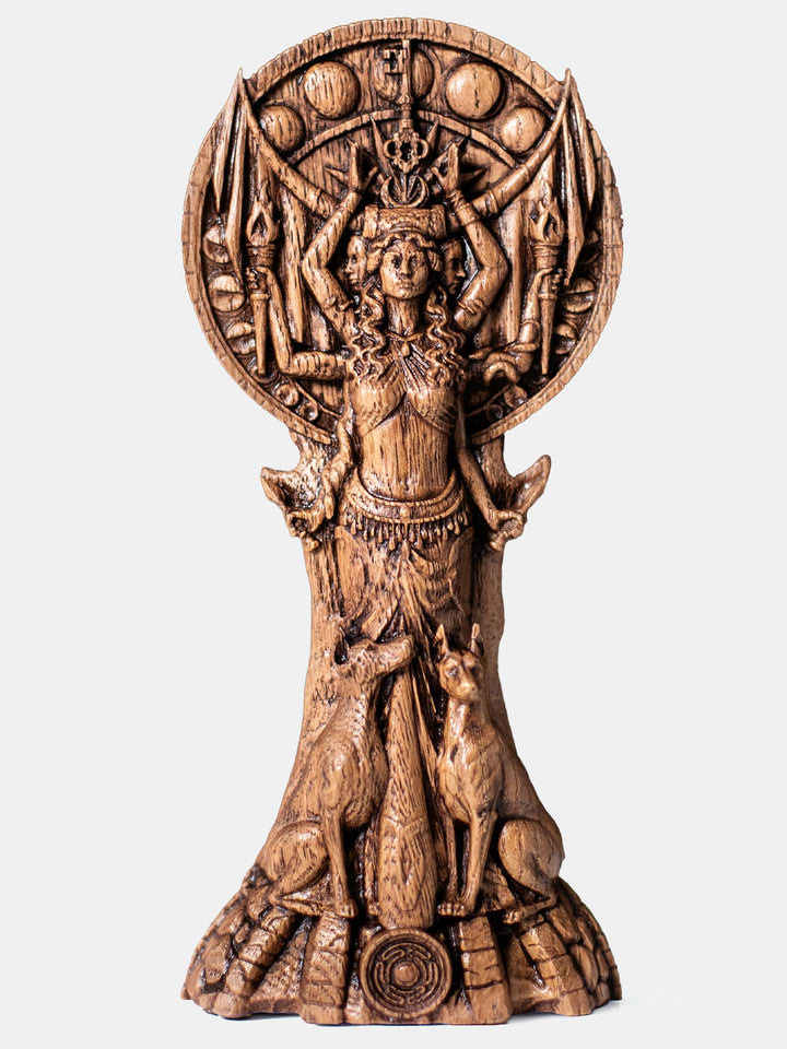 Handcrafted hekate statue with moon phases, dark feminine symbolism and whimsigoth decor aesthetic