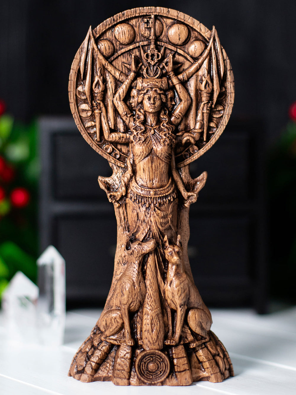 Hecate goddess statue for witch decor and wiccan practice, inspired by greek statue tradition and shadow work