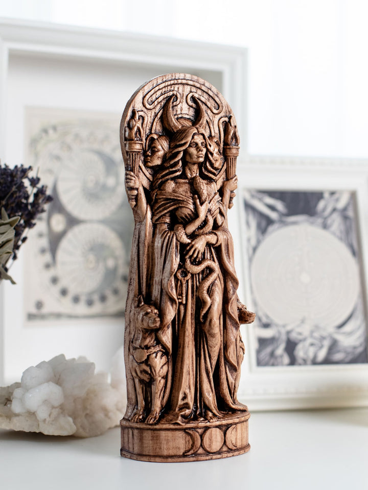 Hekate Statue for Witchcraft Altar – Triple Goddess Wood Decor