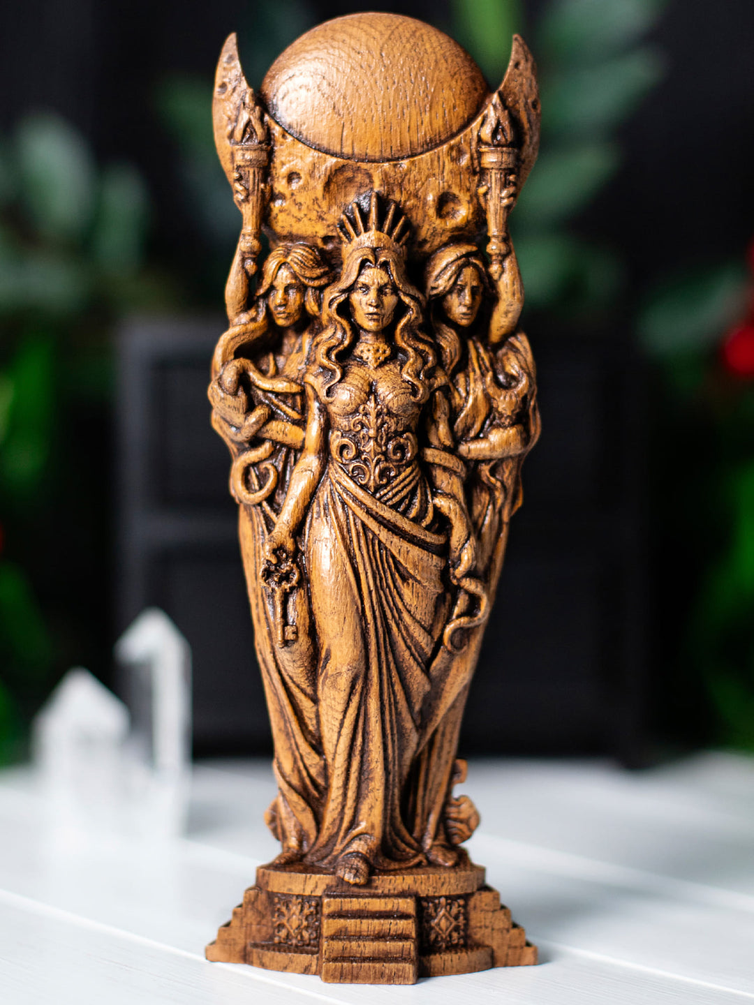 Wood carving of Hekate for hekate altar and witch altar, inspired by greek mythology and wiccan ritual supplies.