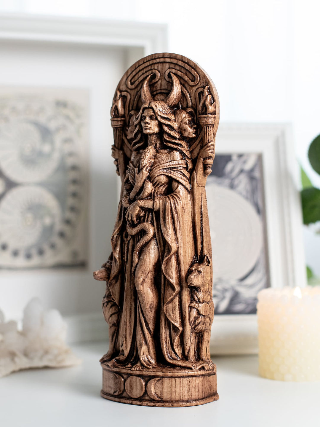 Hekate Statue for Witchcraft Altar – Triple Goddess Wood Decor