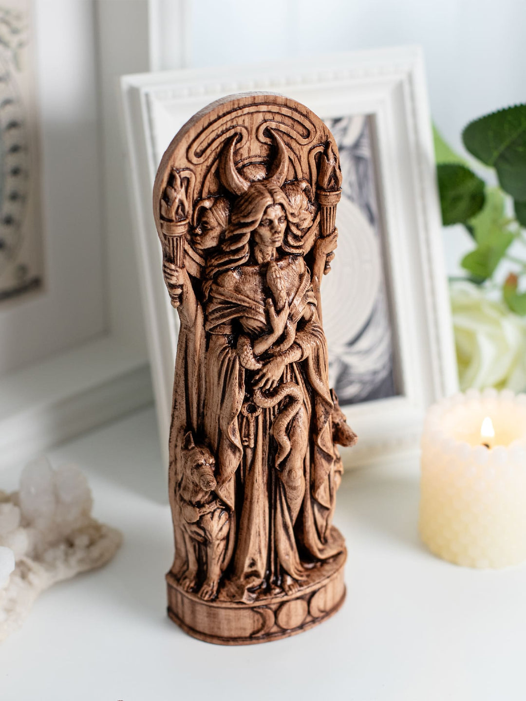 Hekate Statue for Witchcraft Altar – Triple Goddess Wood Decor