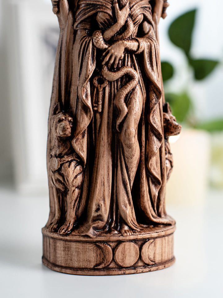 Hekate Statue for Witchcraft Altar – Triple Goddess Wood Decor