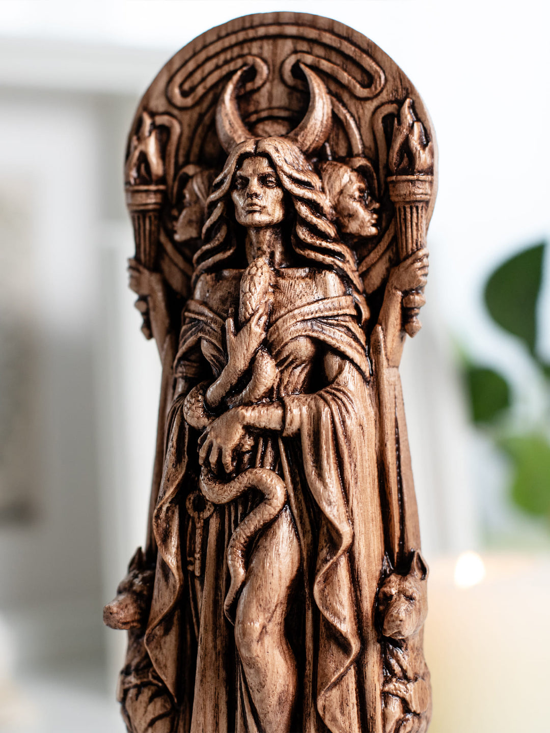 Hekate Statue for Witchcraft Altar – Triple Goddess Wood Decor