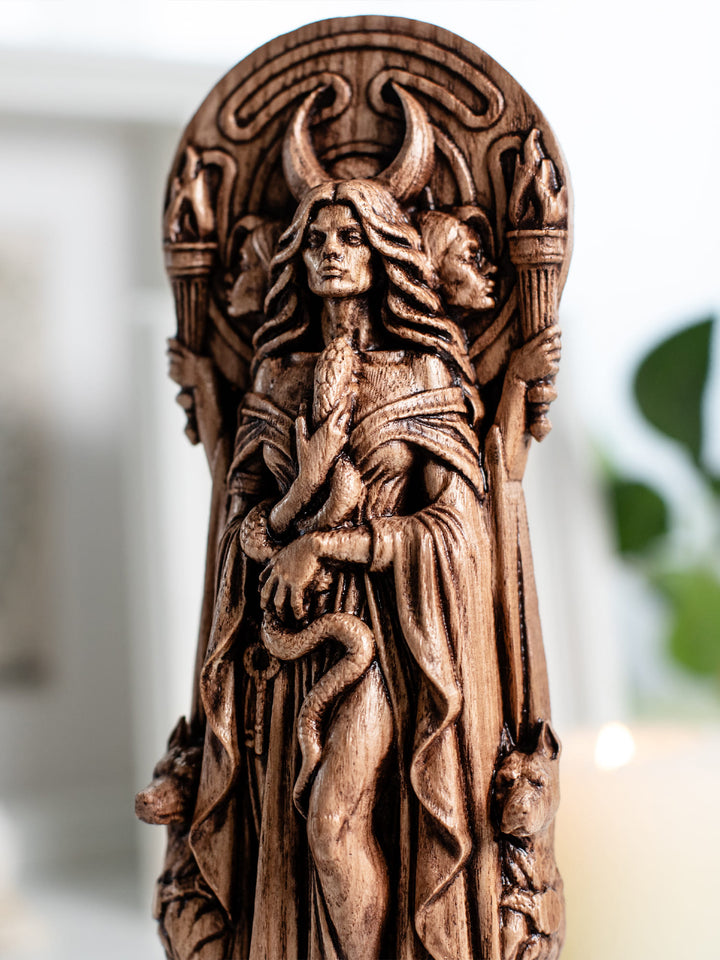 Hekate Statue for Witchcraft Altar – Triple Goddess Wood Decor