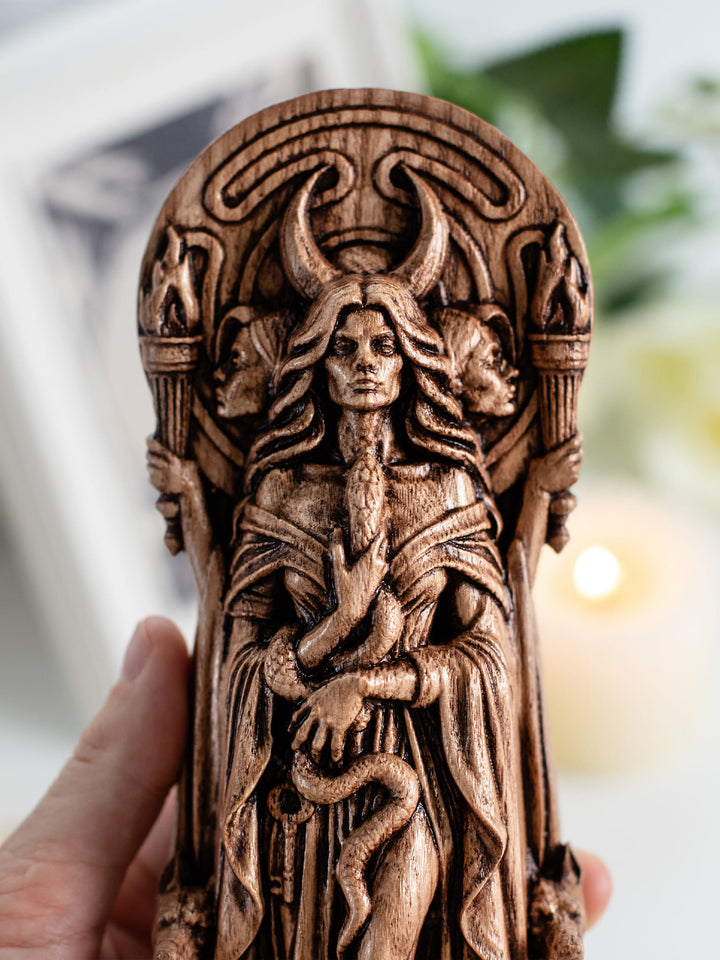 Hekate Statue for Witchcraft Altar – Triple Goddess Wood Decor