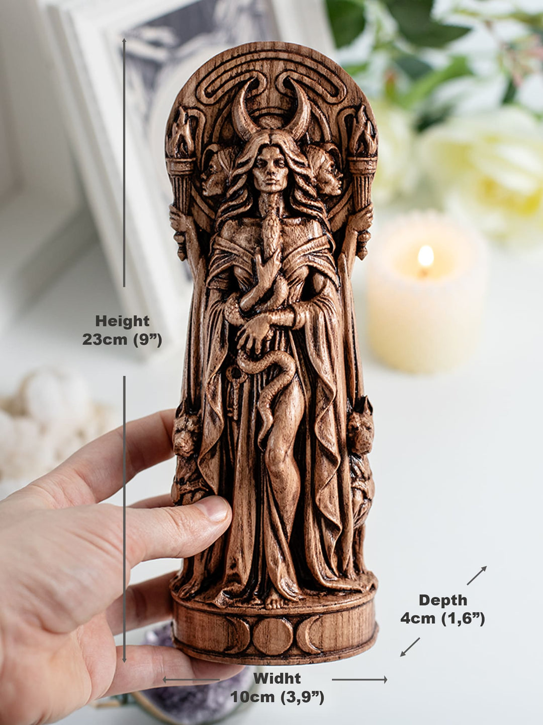 Hekate Statue for Witchcraft Altar – Triple Goddess Wood Decor