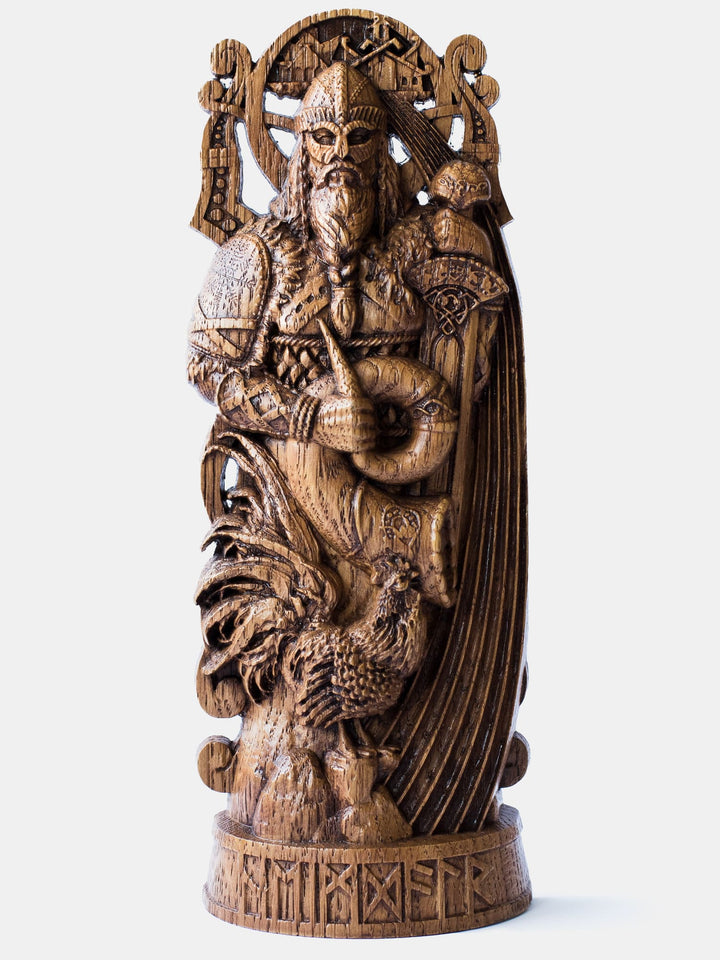 Close-up of the handcrafted oak Heimdall statue, showcasing Heimdall with his horn, in magical armor, against the backdrop of Asgard and Bifröst.