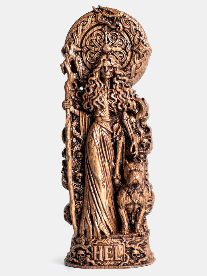 Hand carved Hel goddess wooden statue for Norse pagan altar, Heathen shrine, and Viking home decor.