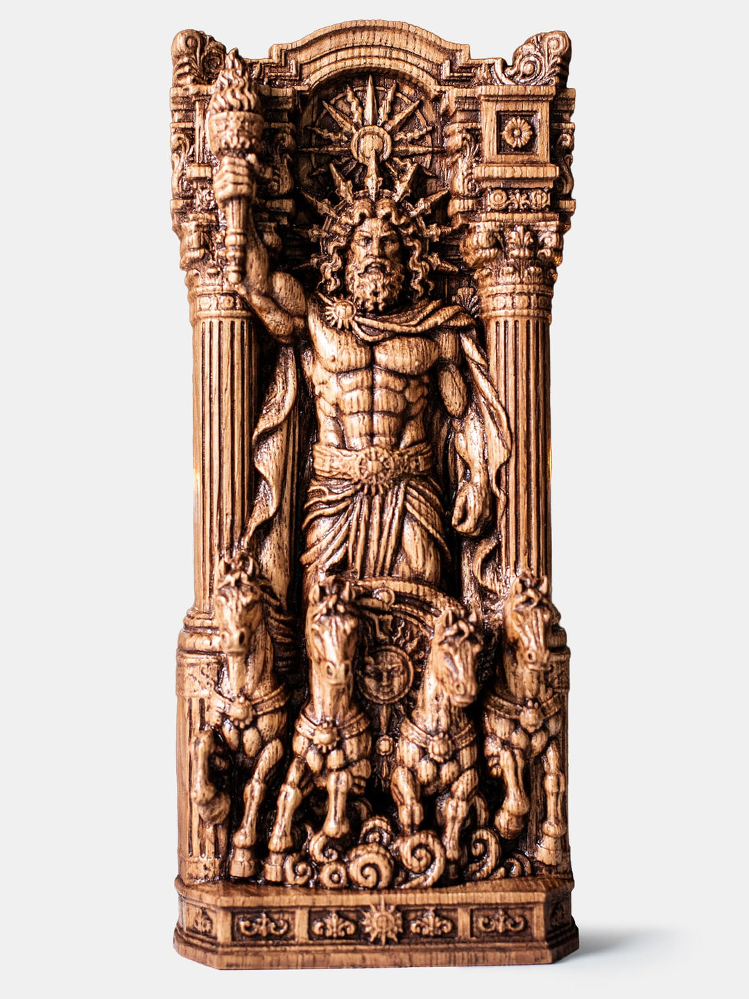 Hand carved Helios sun god wooden statue for Greek altar, Hellenic polytheism, and celestial home decor.