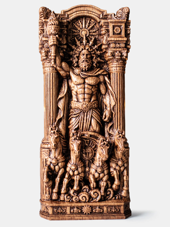 Hand carved Helios sun god wooden statue for Greek altar, Hellenic polytheism, and celestial home decor.