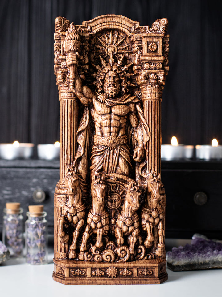 Handmade oak wood Helios statue with antique finish inspired by Greek mythology and the radiant god of the sun.