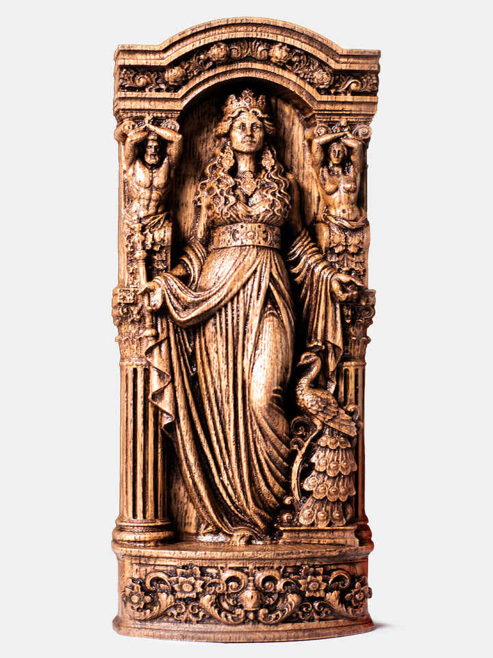 Hera statue wooden wall hanging inspired by Greek mythology, queenship and divine feminine symbolism.