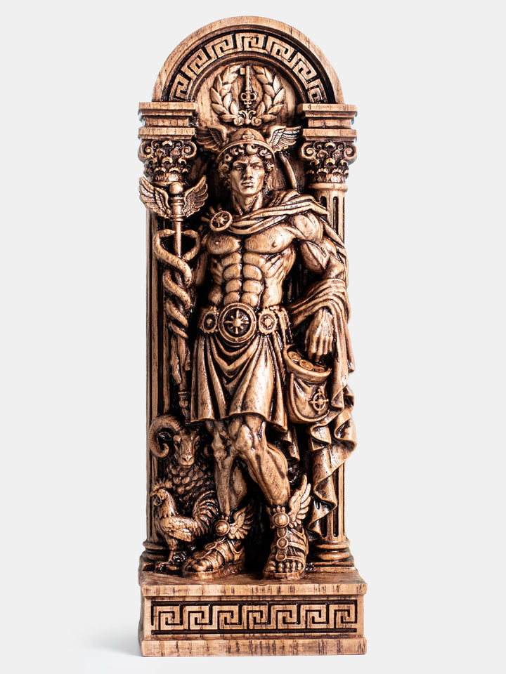 Hermes statue wooden wall hanging featuring the caduceus and Greek mythology symbolism
