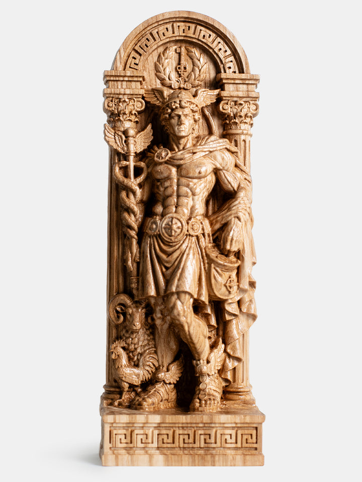 Hermes statue wooden wall hanging featuring the caduceus and Greek mythology symbolism