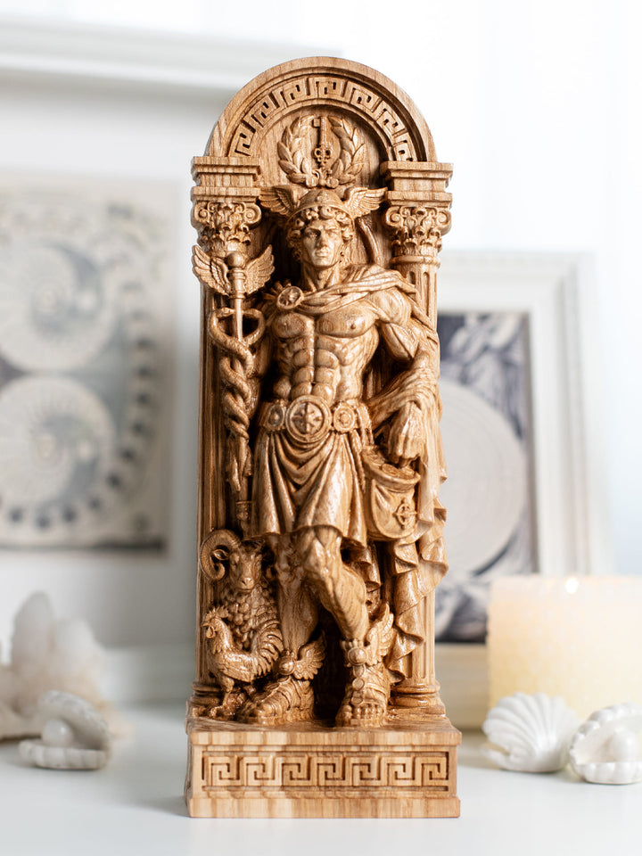 Handcrafted Hermes statue inspired by Hellenic polytheism, travel altars and spiritual decor traditions