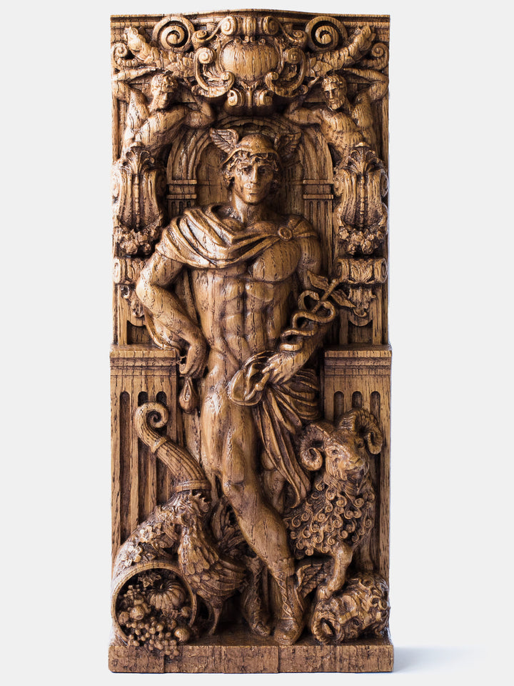 Close-up of the handcrafted oak Hermes statue, showcasing detailed carvings of Hermes with his helmet, winged sandals, and caduceus, leaning on Greek columns.