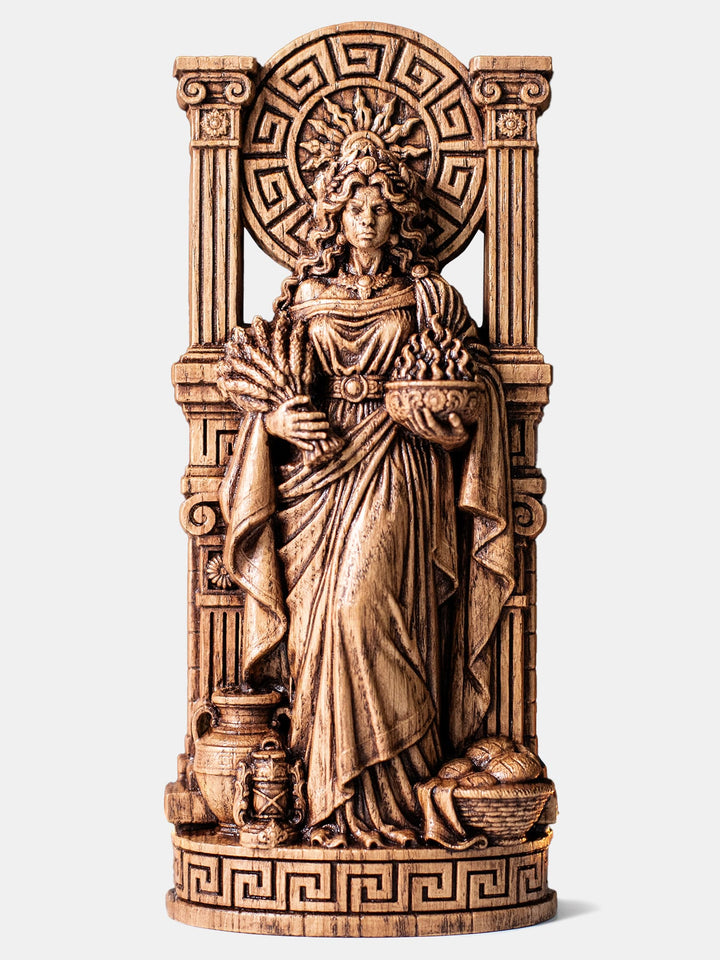 Hestia statue wood carving of the Greek goddess of hearth and sacred fire for Hestia altar and Hellenic Polytheism