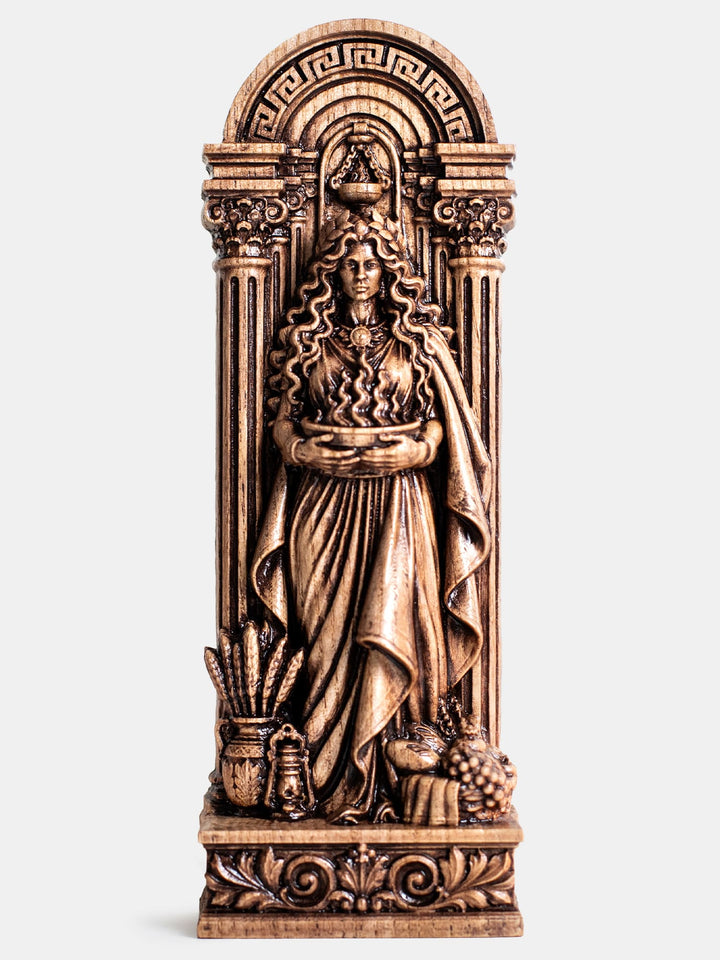 Hand carved Hestia goddess wooden statue for Hellenic polytheism, Greek mythology altar, and fireplace decor.