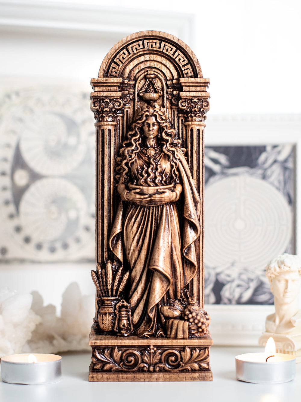 Handmade oak wood Hestia statue with antique patina for pagan decor, home altar, and sacred hearth symbolism.