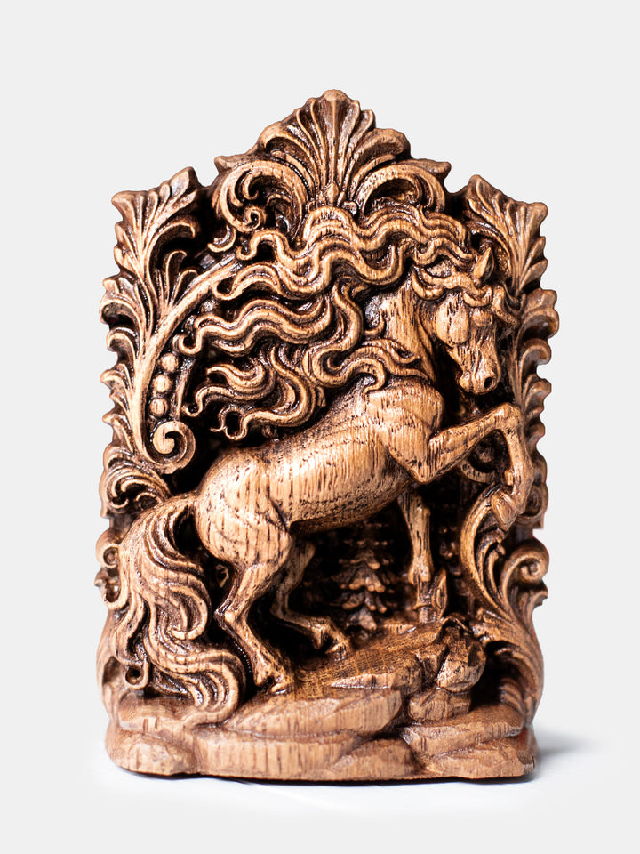 Hand carved wooden horse totem statue for pagan altar, witch altar, druid altar, folk magic, and ritual decor.