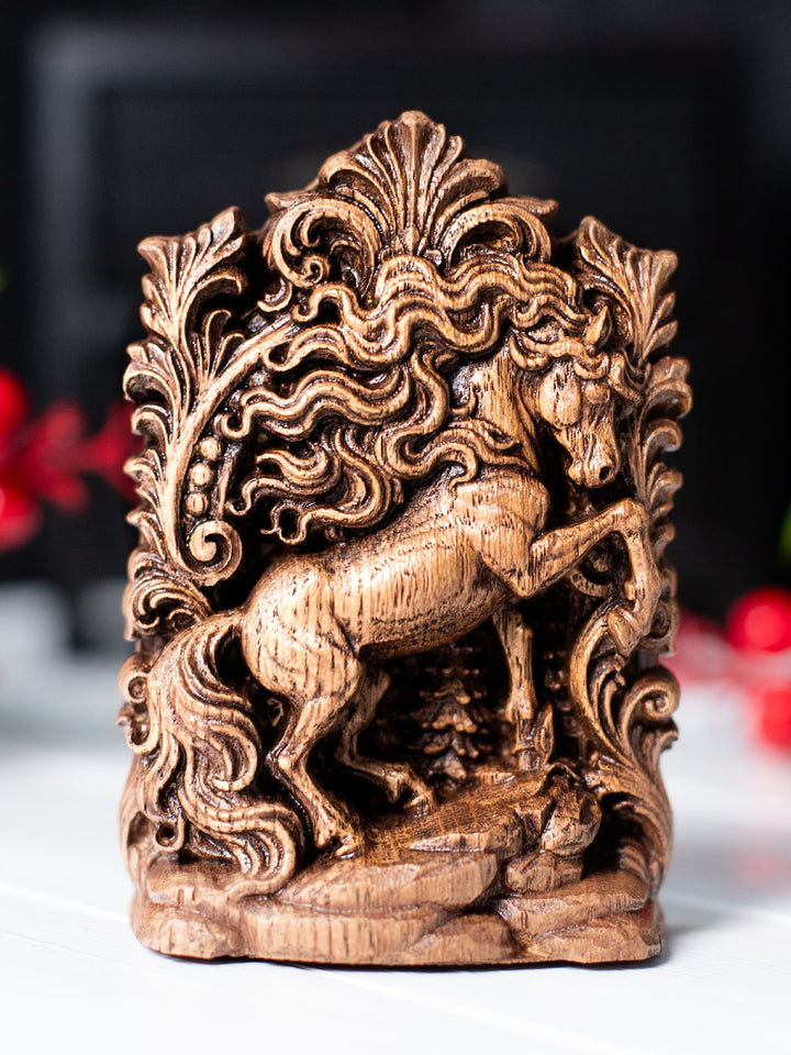 Handmade oak wood horse statue with antique patina, inspired by mystical animal symbolism and nature spirit traditions.