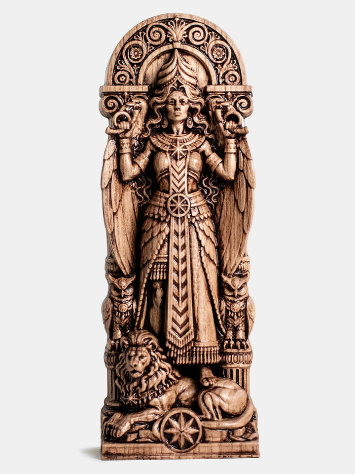 Inanna statue wooden wall hanging inspired by Ishtar goddess, Mesopotamia, Sumerian mythology and Star of Ishtar symbolism
