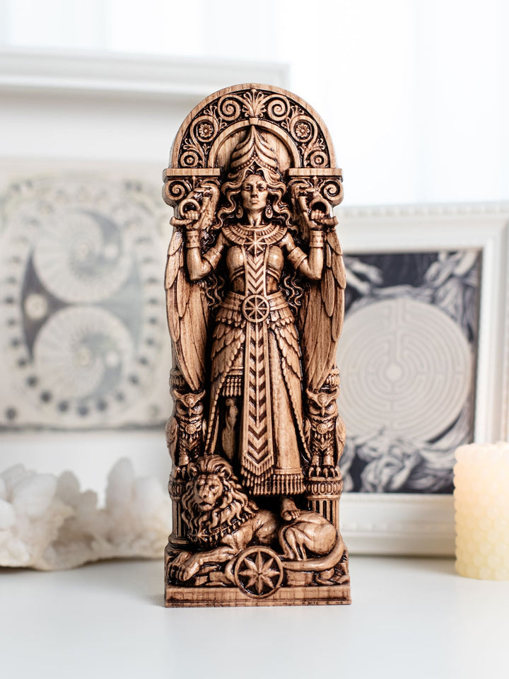 Handcrafted Inanna statue relief featuring Ishtar goddess symbolism, Anunnaki heritage and ancient Mesopotamian decor for altar display