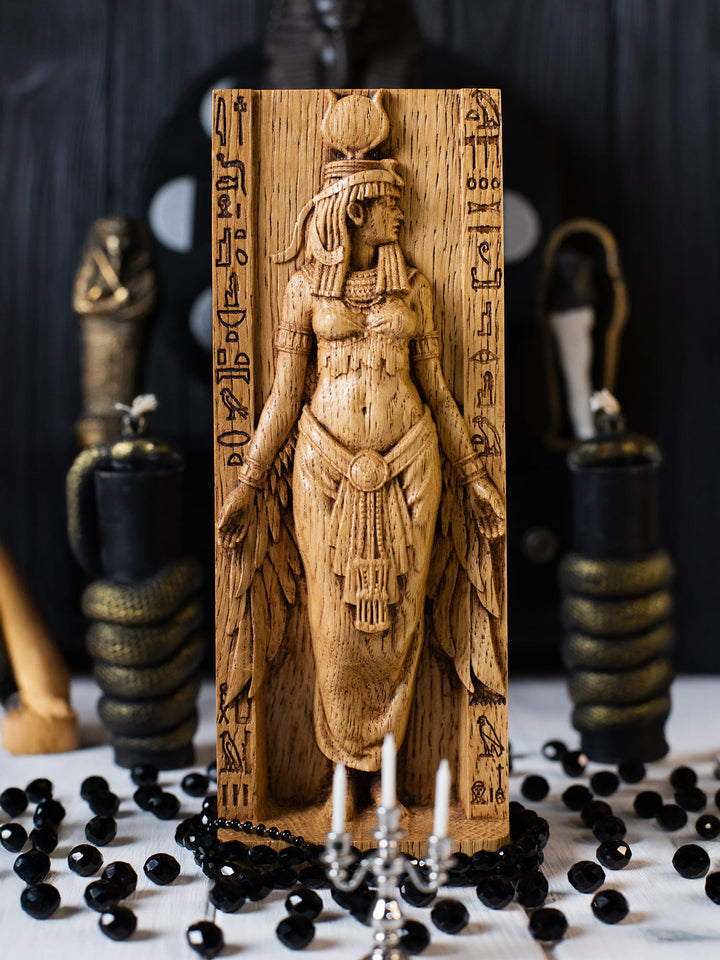 Full view of the Isis statue from the front, highlighting its dimensions and intricate design with the throne hieroglyph.
