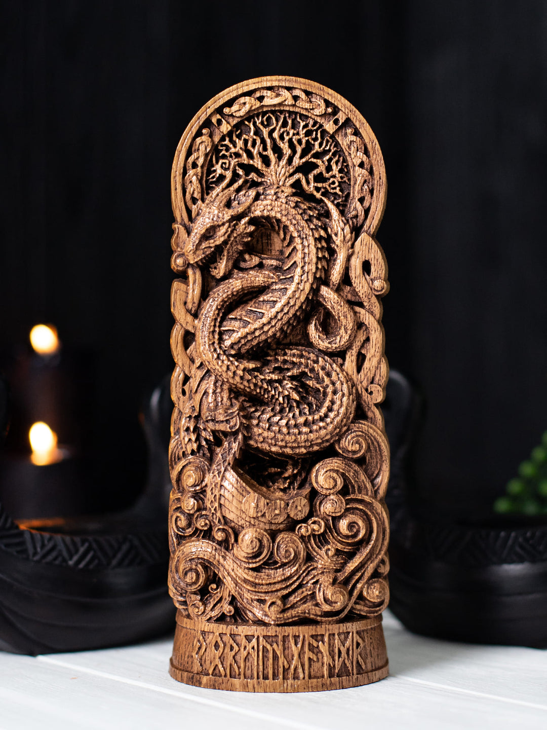 Jormungandr Statuette - Norse Sea Serpent Above Viking Boat
