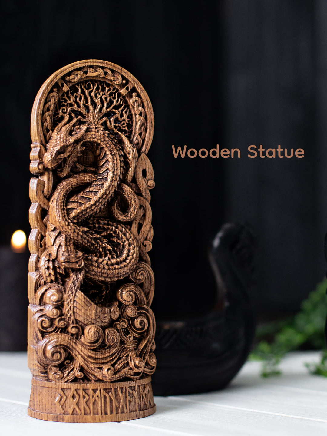 Jormungandr Statuette - Norse Sea Serpent Above Viking Boat