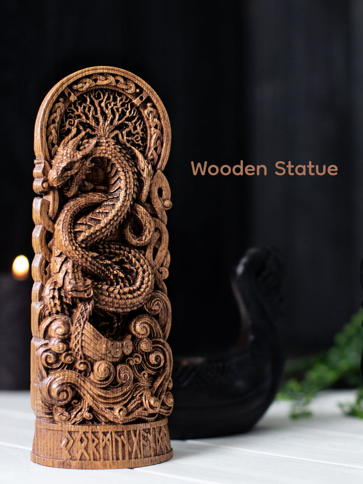 Jormungandr Statuette - Norse Sea Serpent Above Viking Boat