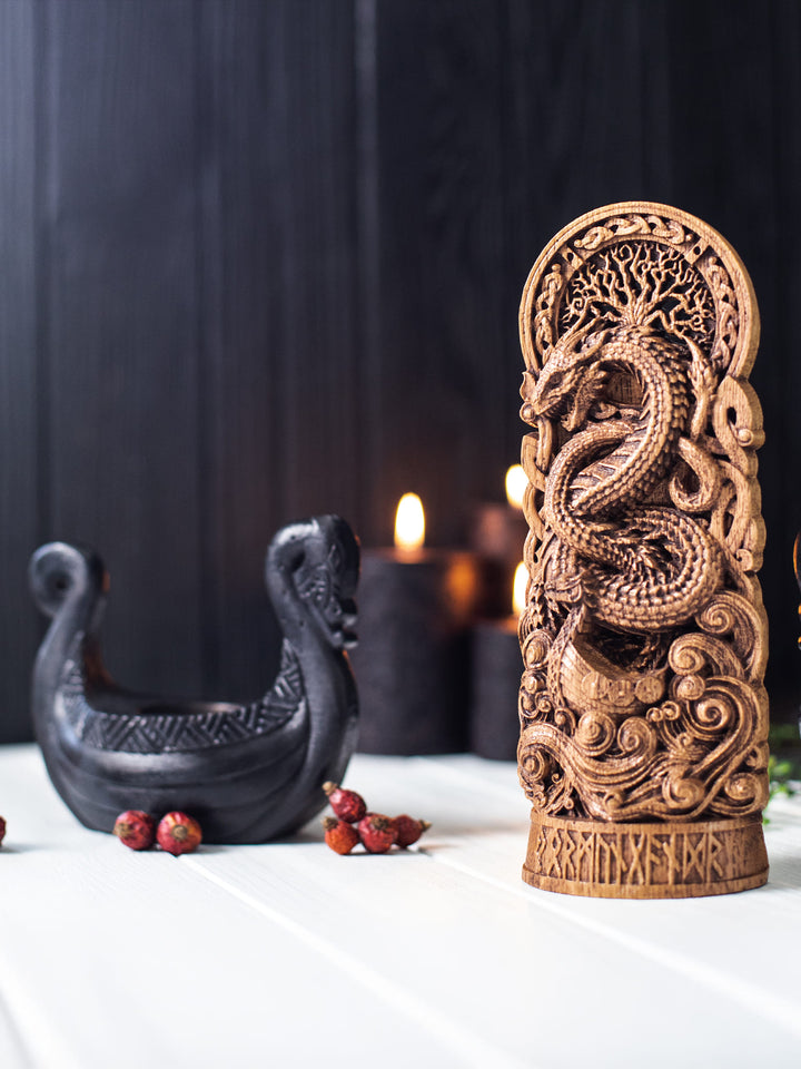 Jormungandr Statuette - Norse Sea Serpent Above Viking Boat