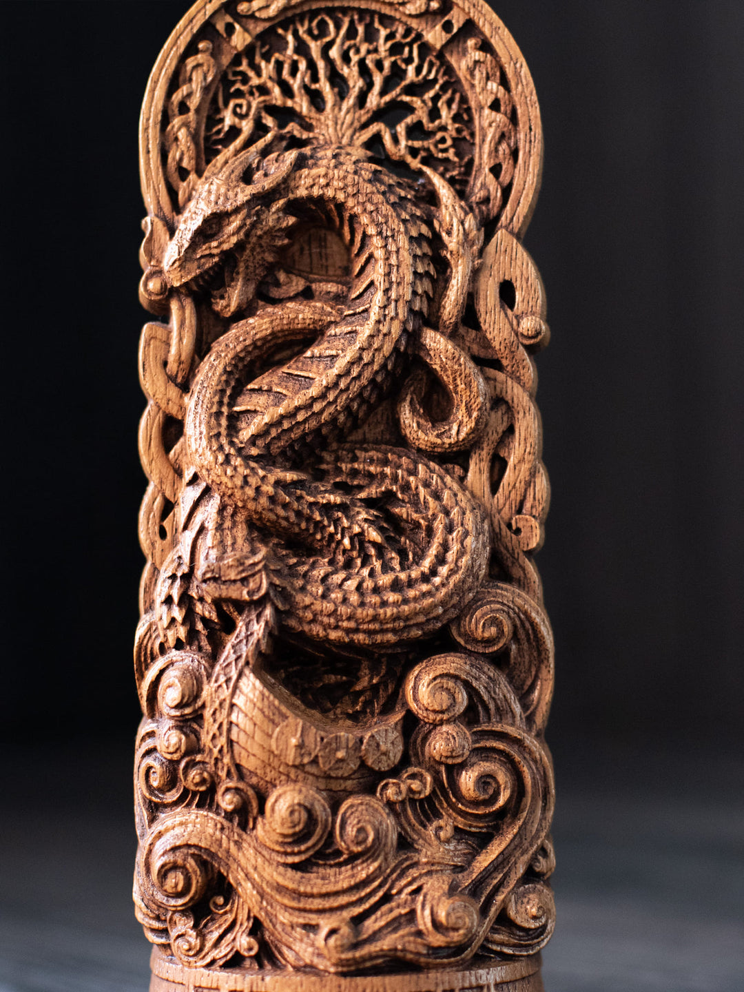 Jormungandr Statuette - Norse Sea Serpent Above Viking Boat