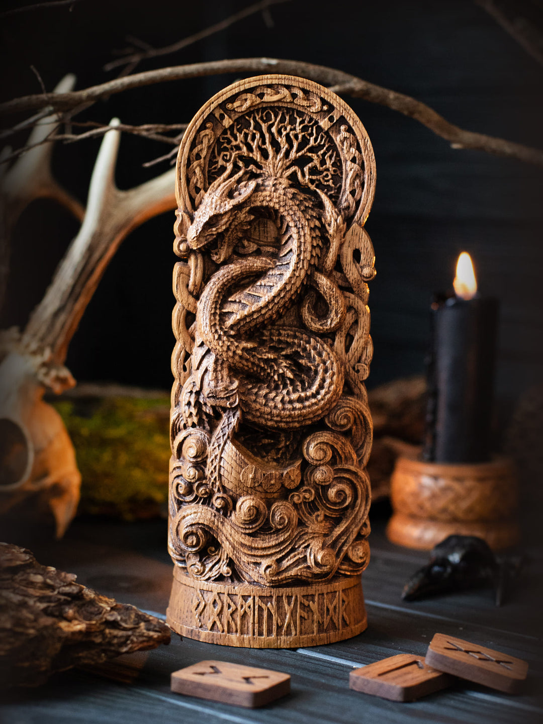 Full view of the Jormungandr statue from the front, highlighting its dimensions and detailed design with the serpent, Viking boat, and Yggdrasil.