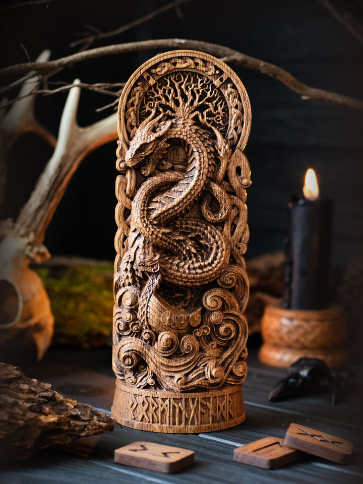 Full view of the Jormungandr statue from the front, highlighting its dimensions and detailed design with the serpent, Viking boat, and Yggdrasil.