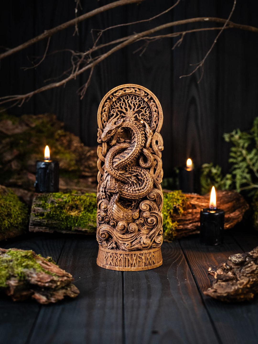 Jormungandr Statuette - Norse Sea Serpent Above Viking Boat