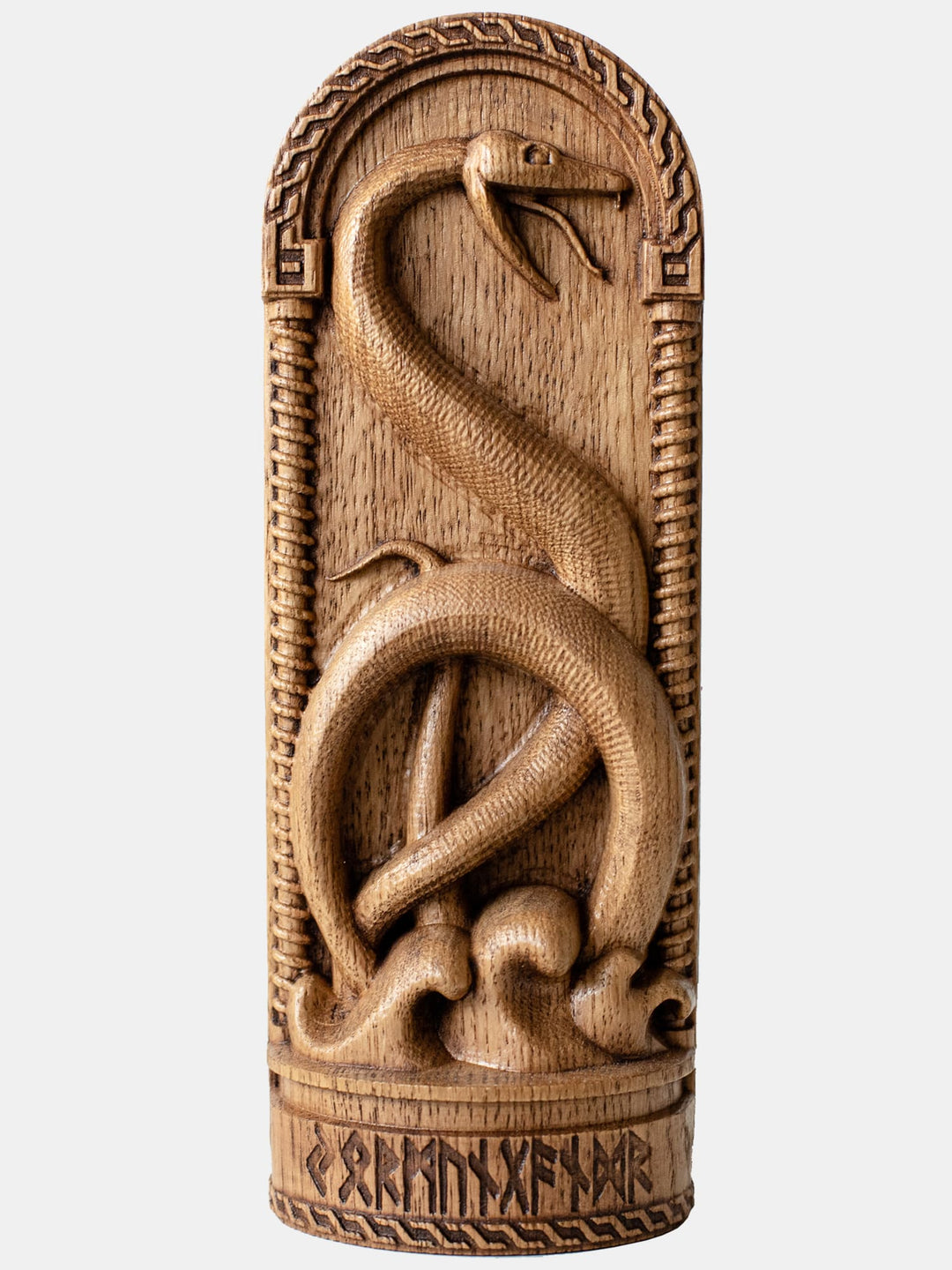 Close-up of the handcrafted oak Jormungandr statue, showcasing the World Serpent amidst intricately carved sea waves.