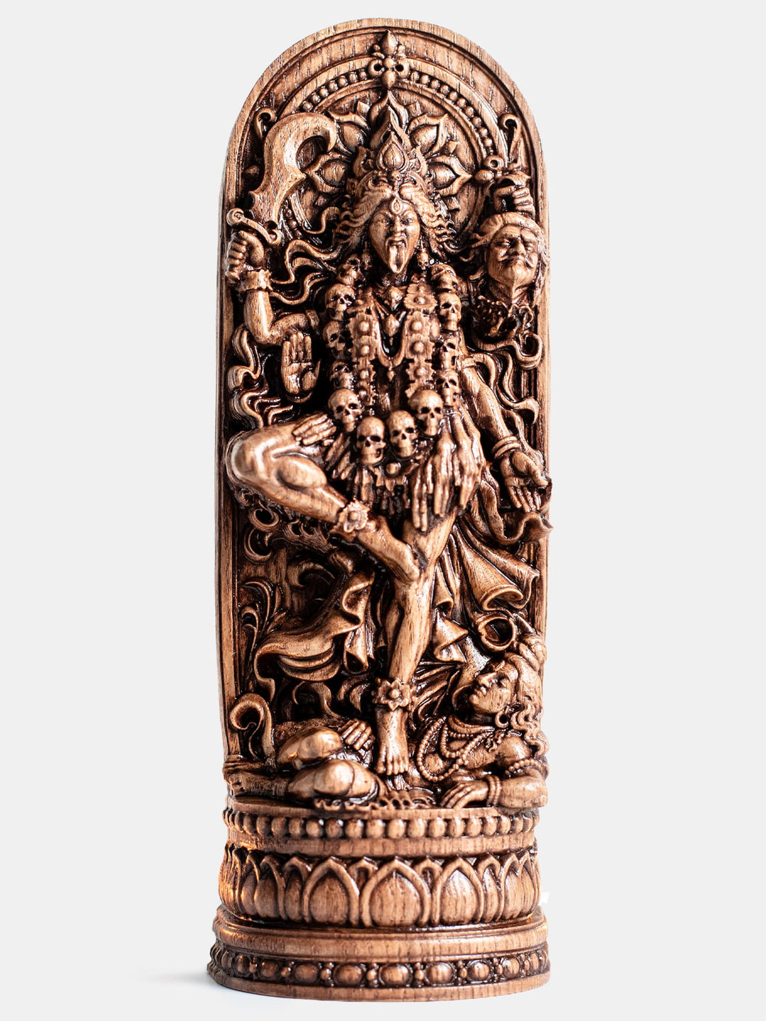 Handmade wooden Kali Ma statue with antique patina for divine feminine decor, goddess shrine, and transformation symbolism.