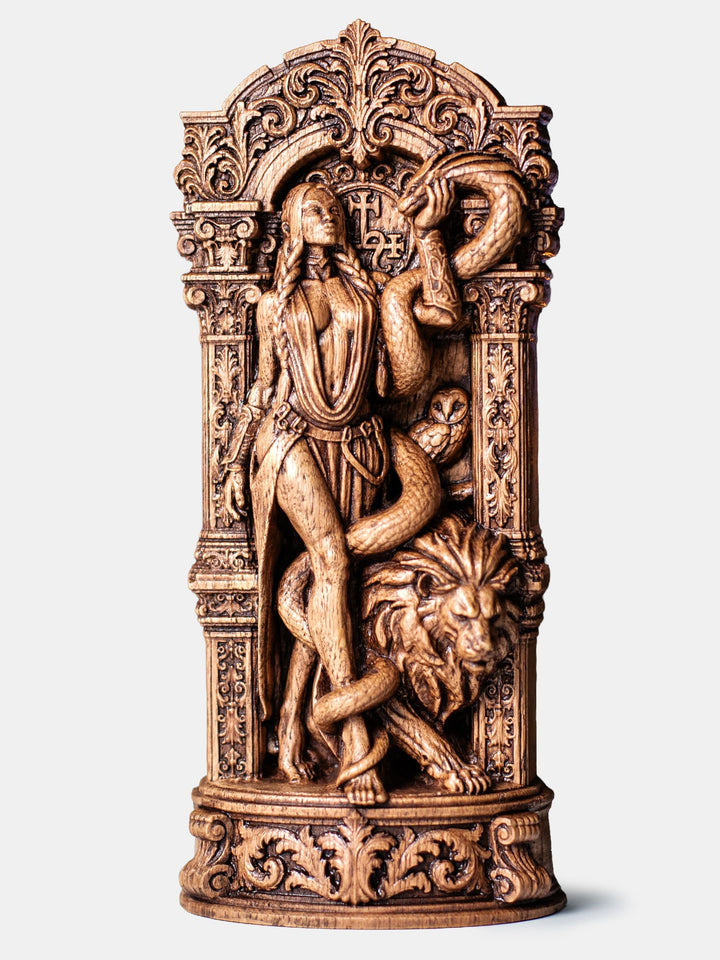 Lilith statue featuring serpent, lion, owl and Lilith Sigil inspired by witchcraft and the divine feminine.